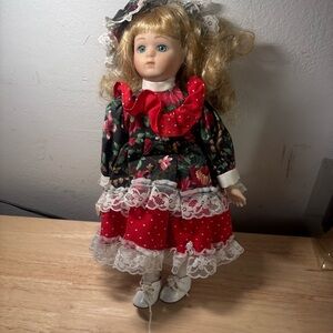 vintage 16" Hand Painted Porcelain Doll in Red Dress
